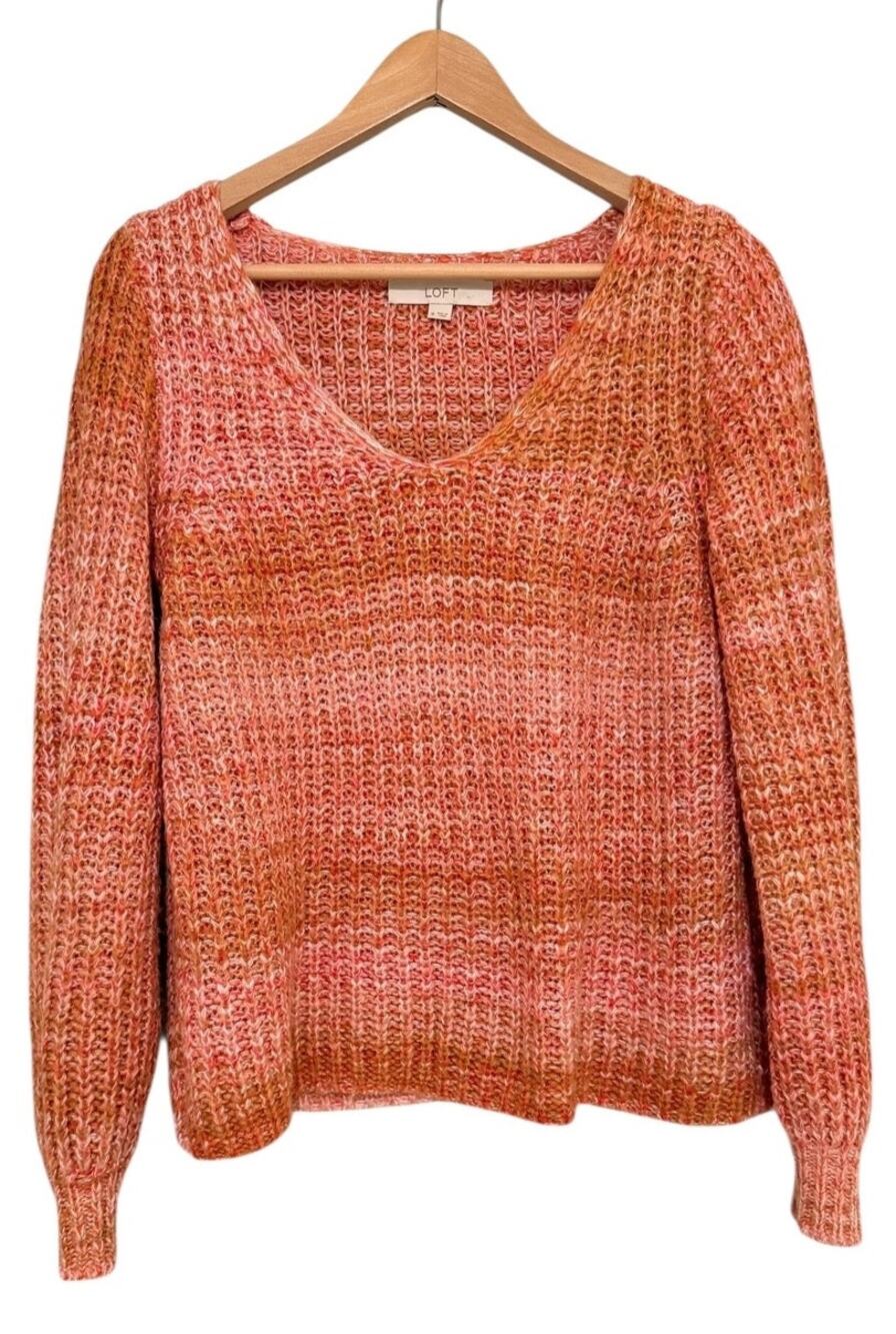 LOFT Spacedye V Neck Puff Sleeve Sweater Coral Peach Multi Marled Medium